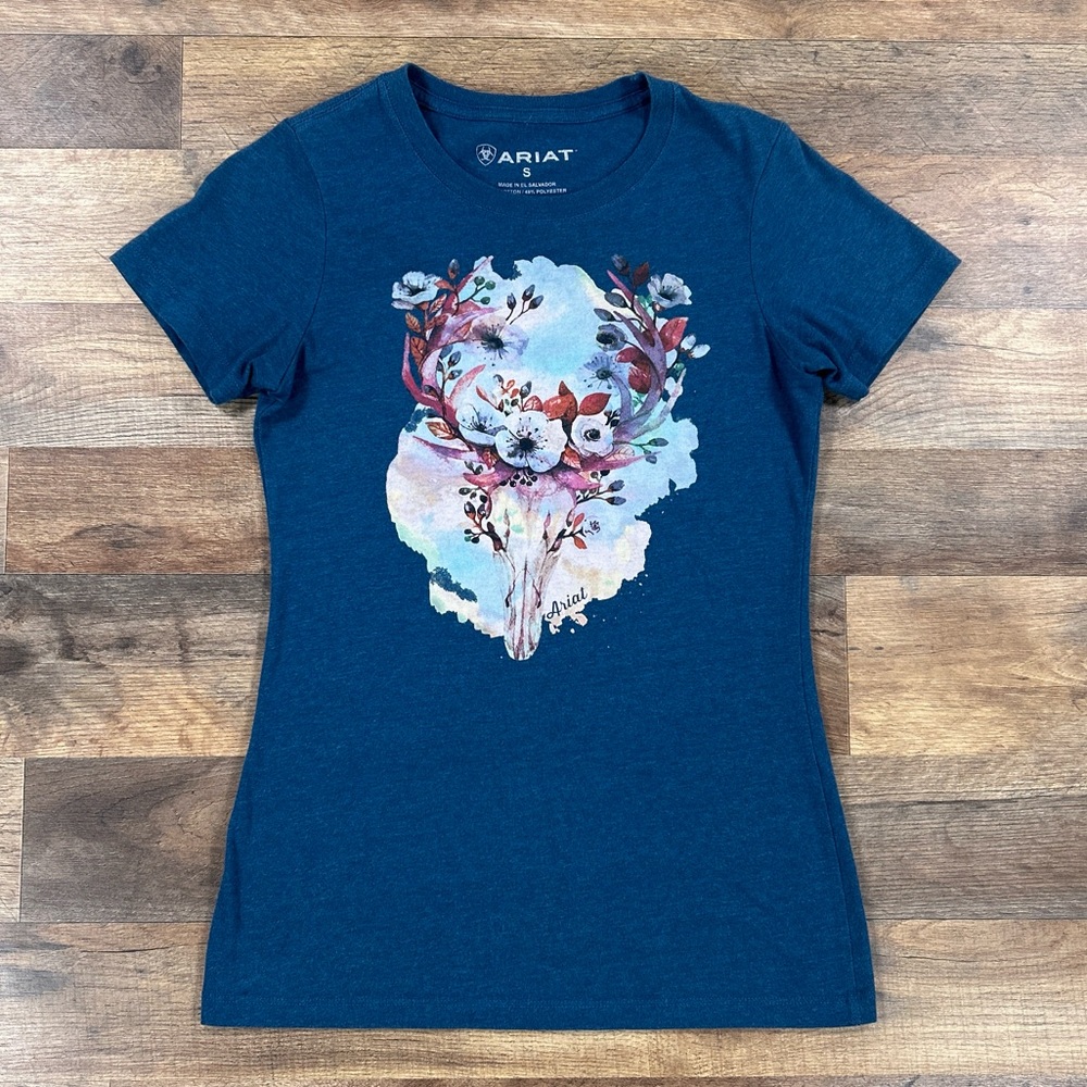 Ariat Shirt Womens Small Blue Floral Skull Western Short Sleeve T Shirt